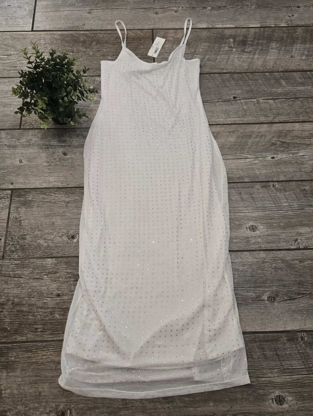 No Comment White Rhinestone Mesh Maxi Bridal Glam Ethereal Slip Dress, M NWT